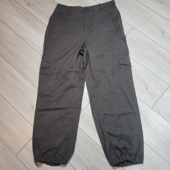 Contemporaine Women's Linen Blend Wide Leg Gathered Hem Cargo Pants Large Green - Picture 2 of 9